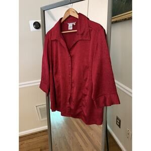 Fred David Stretch Jacquard Womens Red Button Down Blouse Top Size 2XL